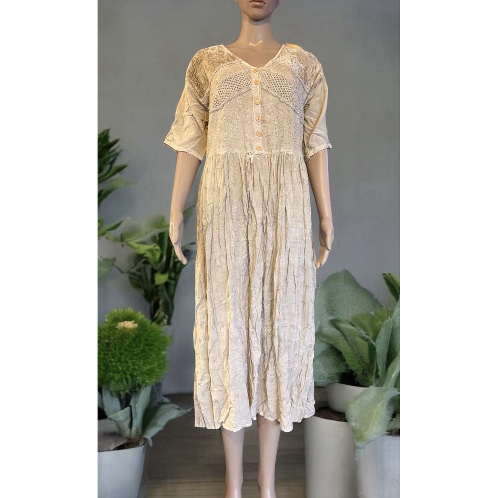 Vtg 70s CREEM Dress Hippie Boho Viscose Maxi Farmhouse Cottage core Tie Elephant